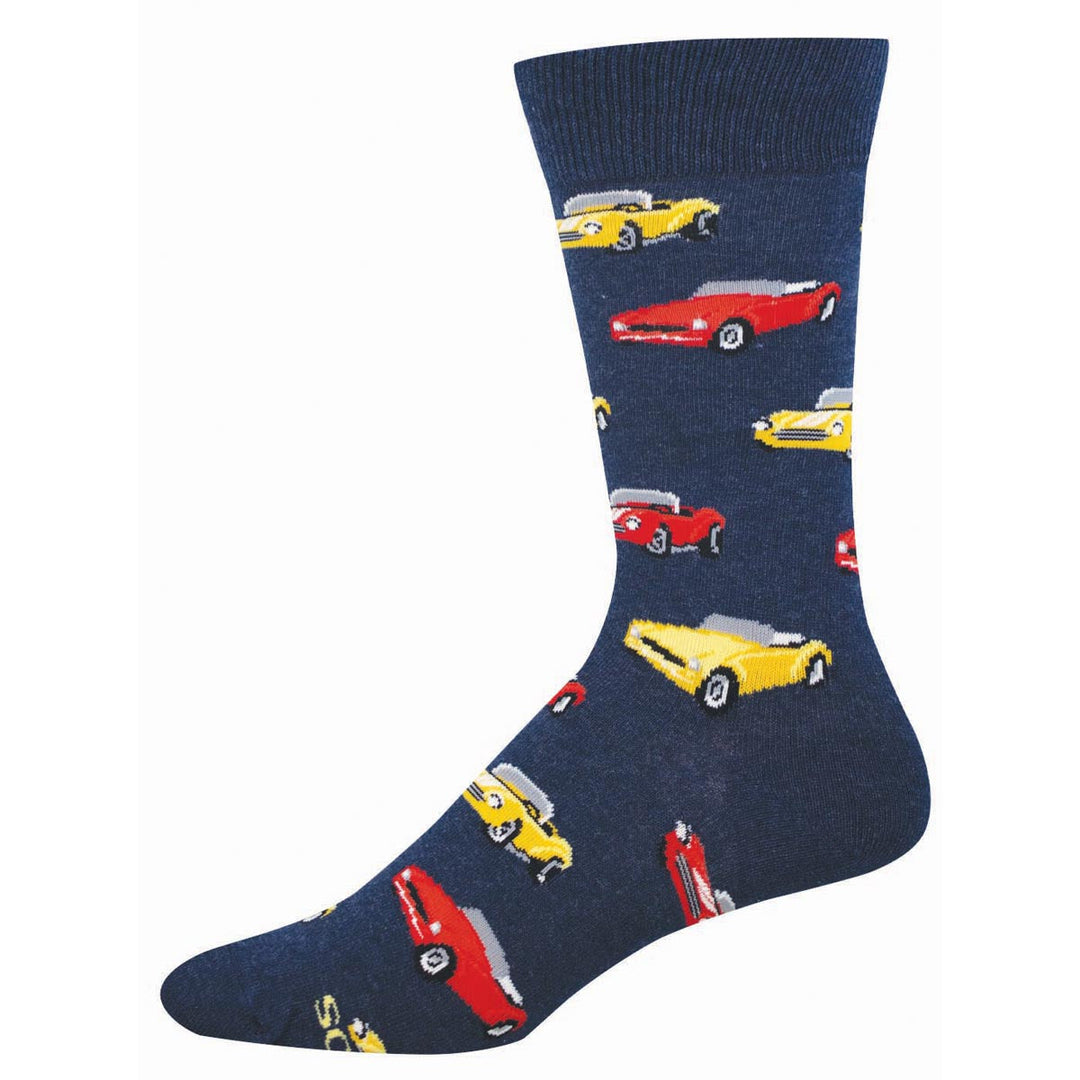 Socksmith Classic Cars Socks in navy heather with red and yellow vintage convertible cars pattern