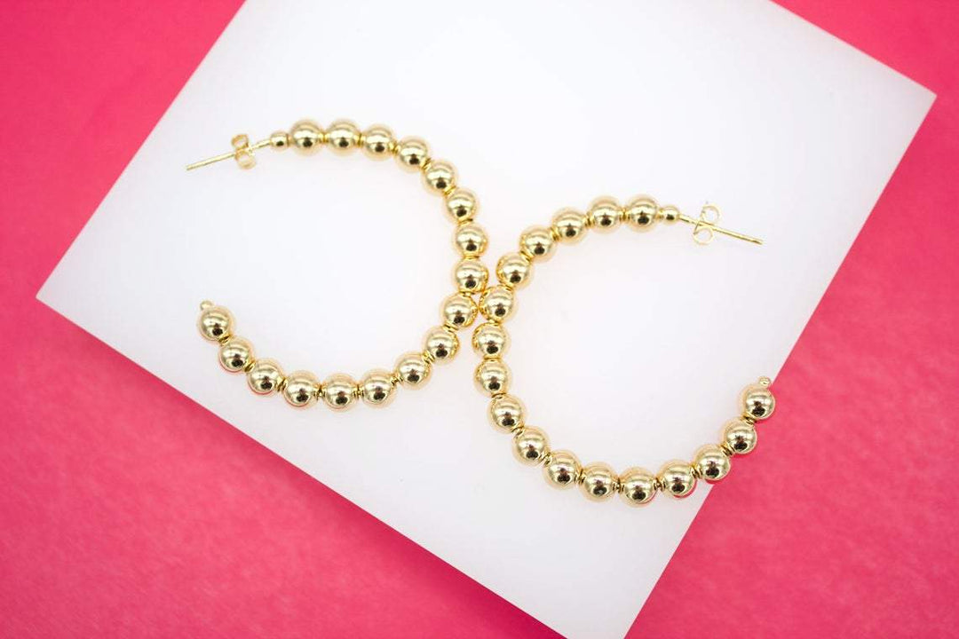 18K Gold Filled Round Golden Beaded Open Hoop Earrings