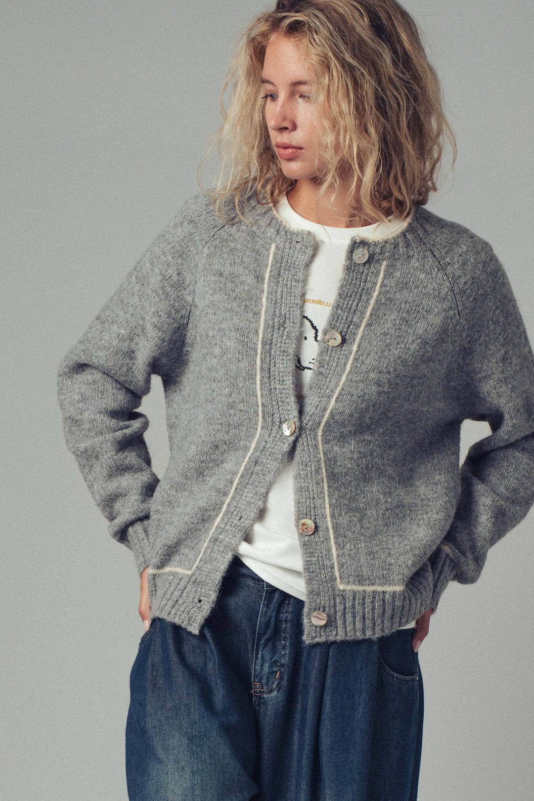 Contrast Trim Boho Knit Button Cardigan