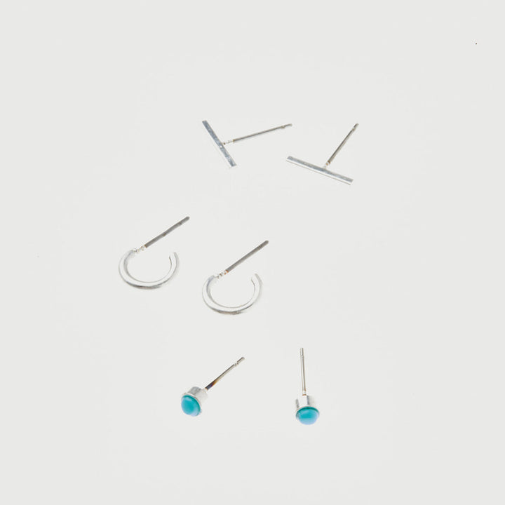 Scout Stud Trio earring set with silver bars, hoops, and amazonite stone studs
