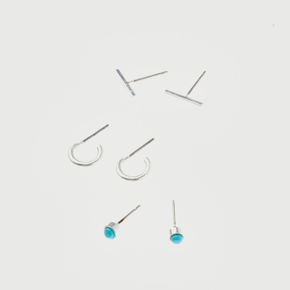 Scout Stud Trio silver earring set with bar studs, hoops, and turquoise stone studs