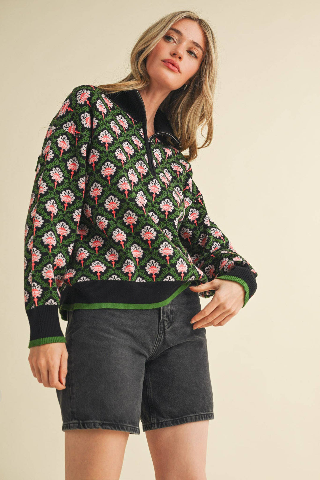 Floral Mock Neck ½ Pullover