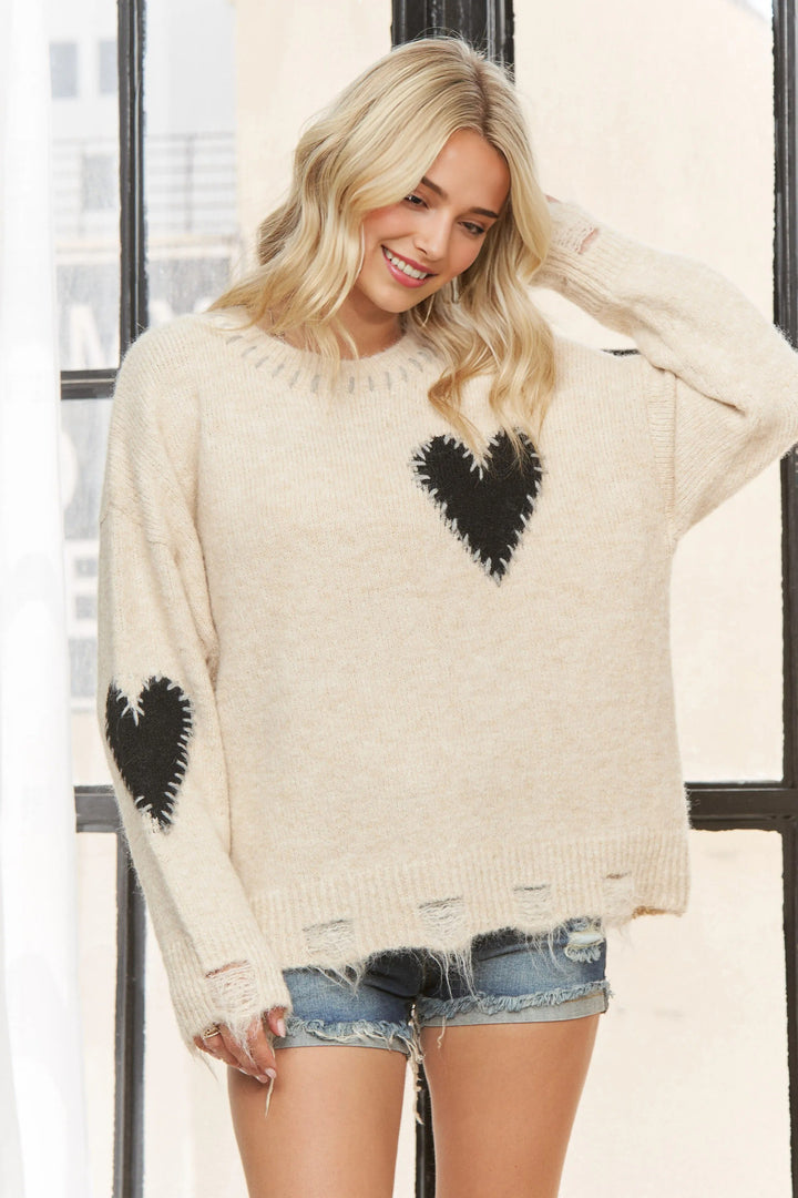 Long Sleeve Heart Patch Knit Sweater