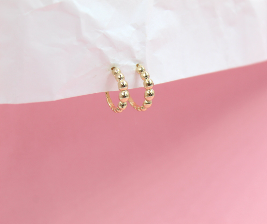 18K Gold Filled Round Golden Hollow Beaded Stud Earrings