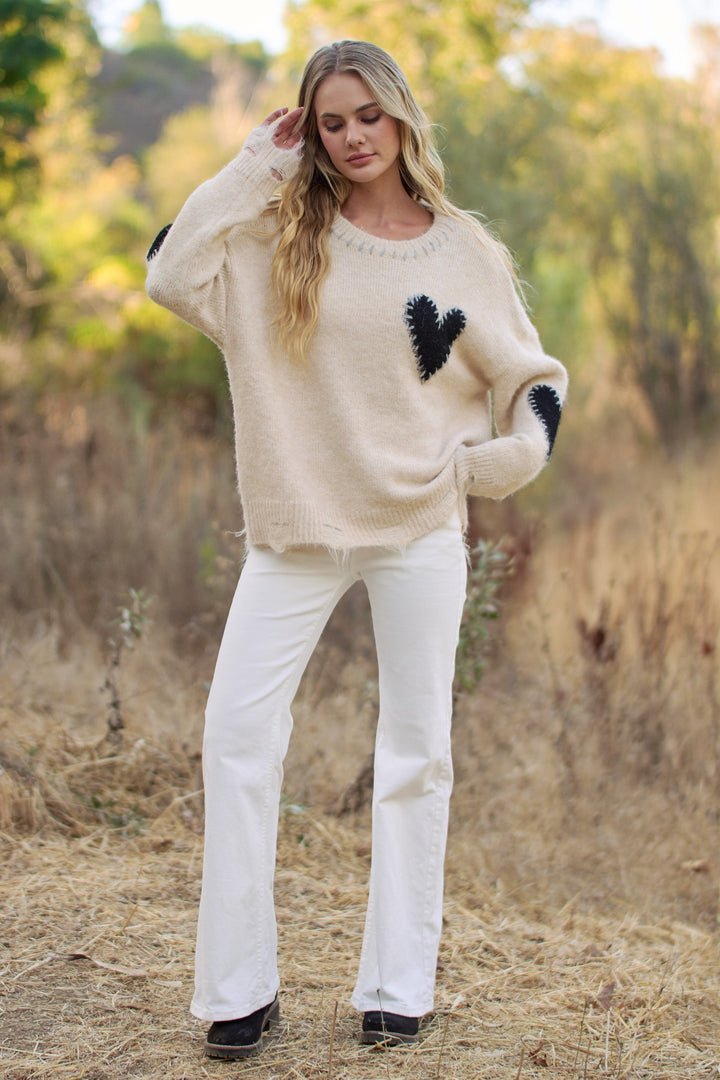 Long Sleeve Heart Patch Knit Sweater