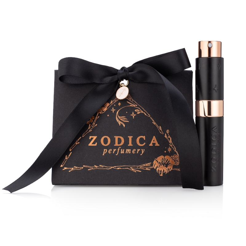 Zodica Perfumery Twist & Spritz perfume in black with rose gold details and gift pouch