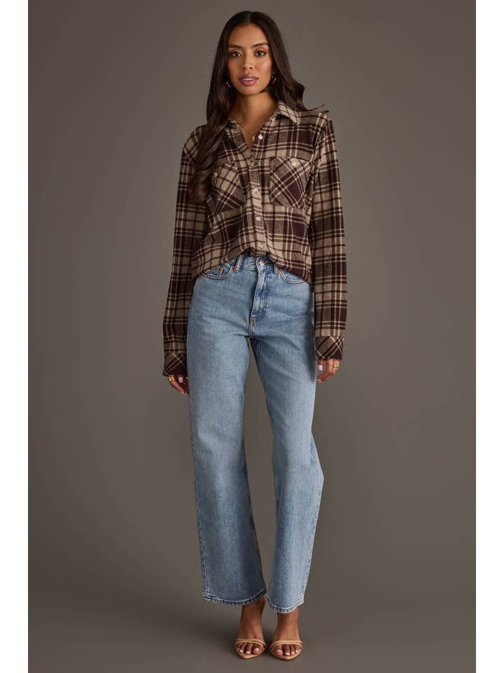 Chocolate Brown &amp; Tan Plaid Button Up