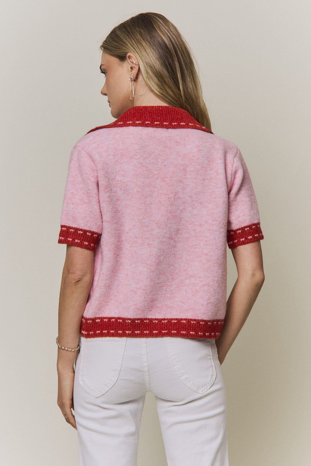 Collared Short-Sleeve Knit Cardigan Top