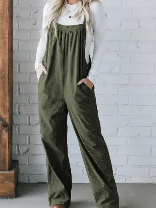 Solid Pocketed Corduroy Overalls