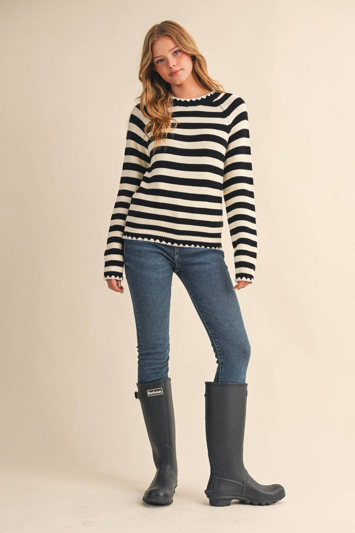 Striped Puff Sleeve Sweater w/ Contrast Stitch