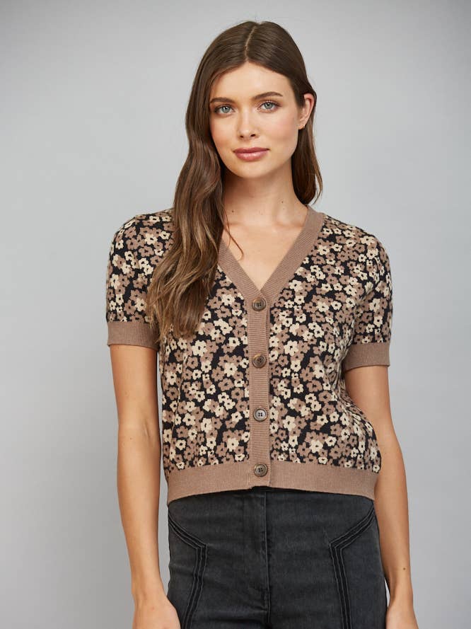 Floral Pattern Jacquard Knit V-Neckline Short Sleeve Sweater