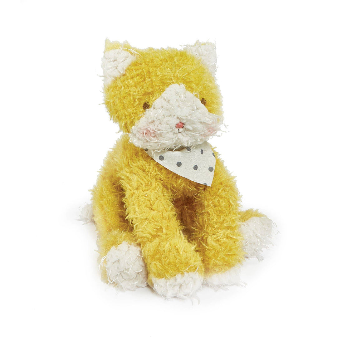 Yellow and white plush cat stuffed animal with polka dot bandana