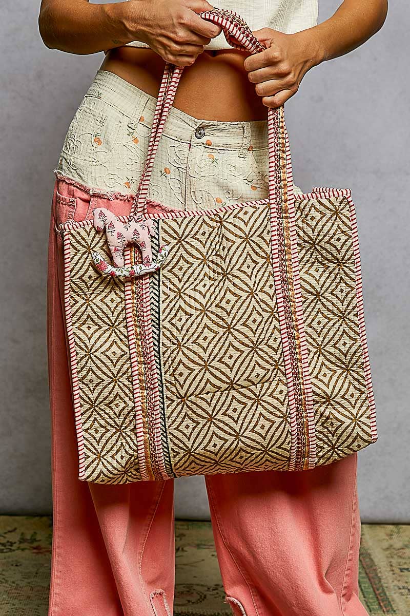Striped Bias Tape Bohemian Quilted Beige Tote Bag