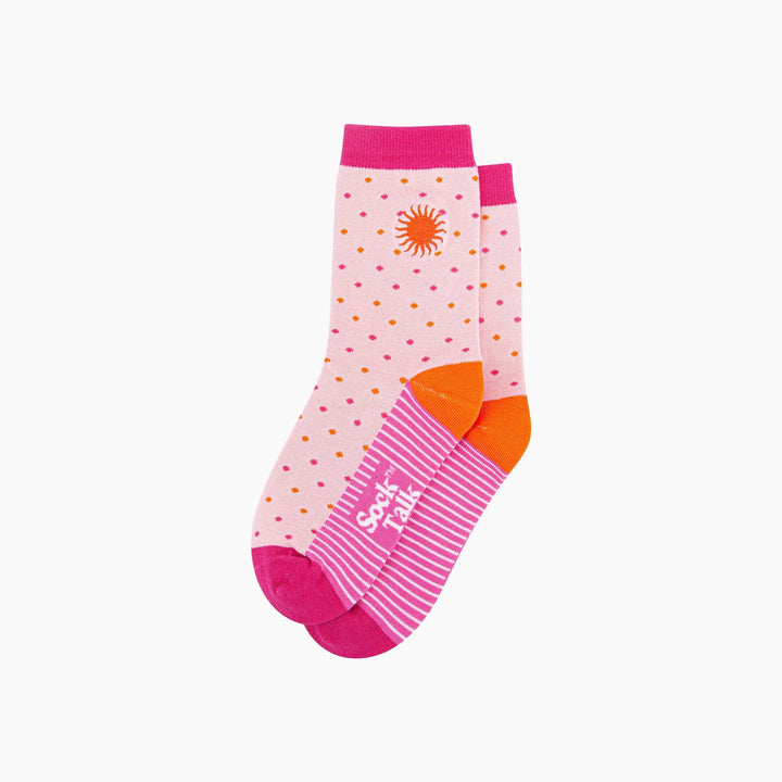 Pink crew socks with orange sun embroidery, polka dots, hot pink cuff and toe