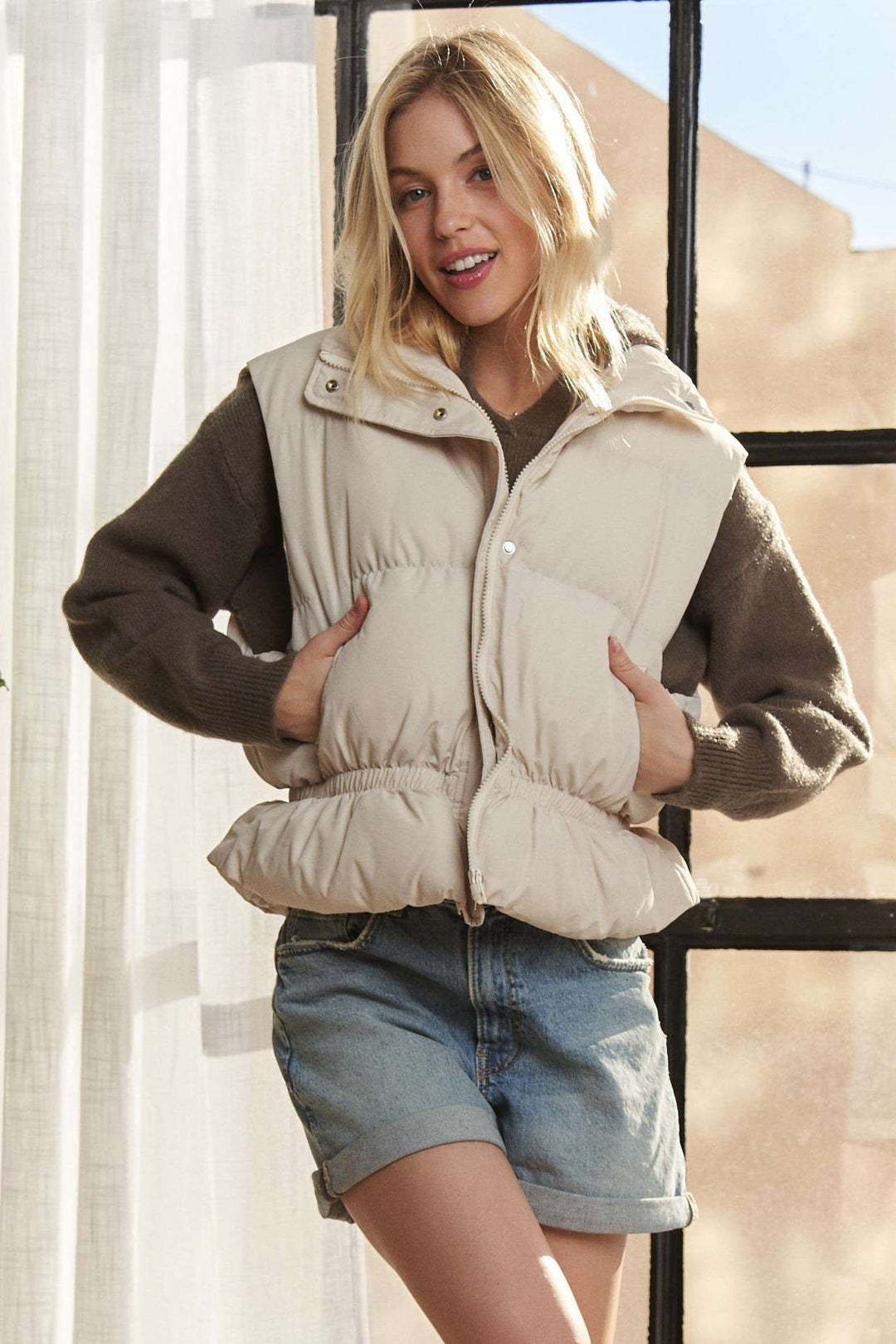 Collared Puffer Vest with Cinched Waist
