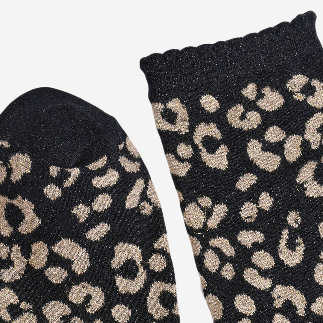 Black ankle socks with gold glitter leopard print pattern and scalloped cuff