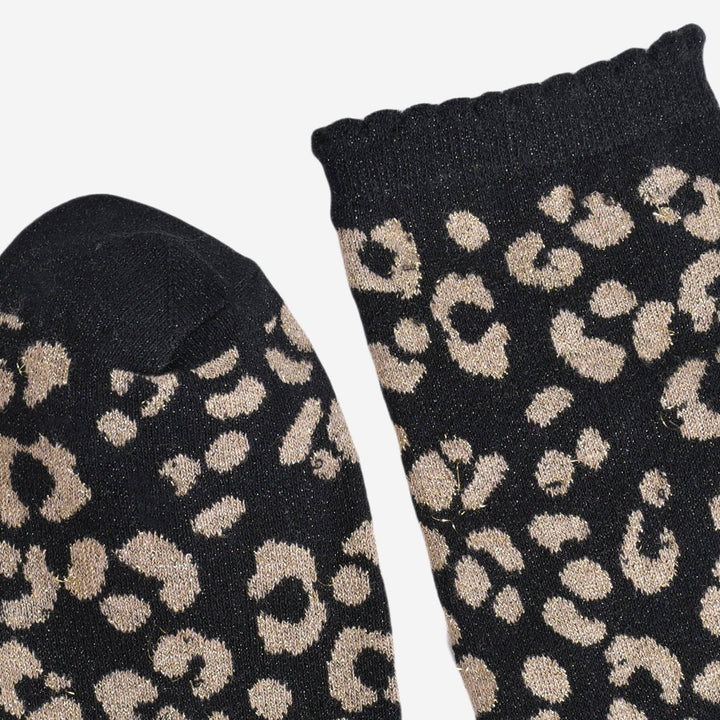 Black ankle socks with gold glitter leopard print pattern and scalloped cuff