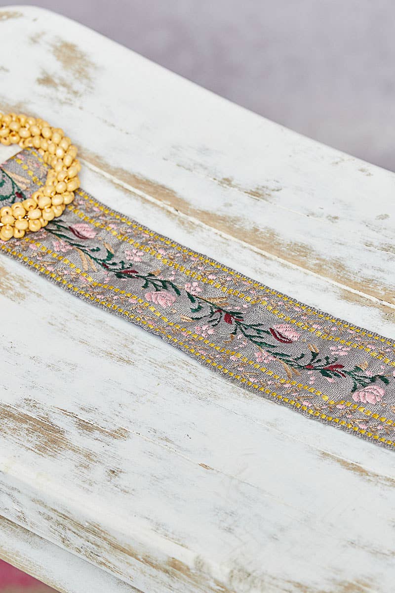 Beaded Round Buckle Embroidered Floral Belt