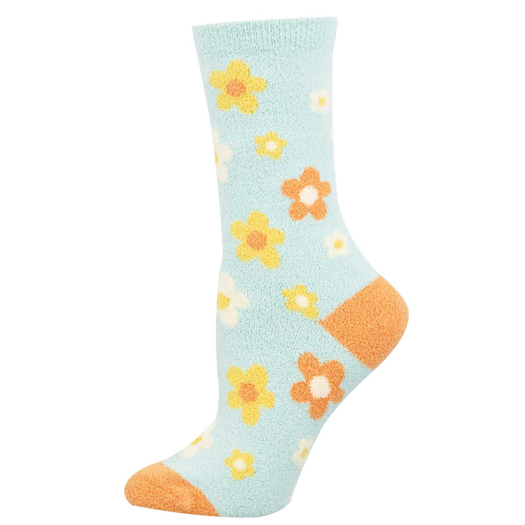 Socksmith Daisy Daze crew socks in mint blue with yellow and orange floral pattern