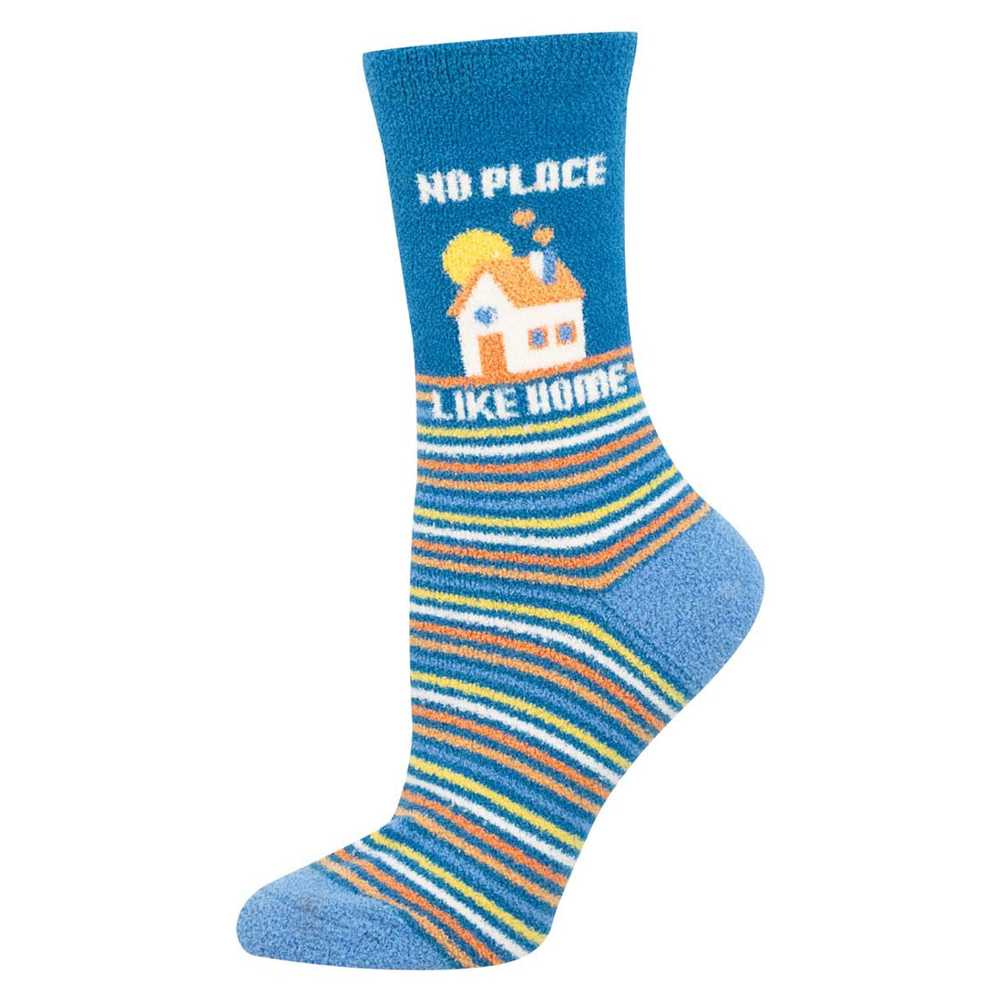 Blue crew sock with No Place Like Home text and house graphic above multicolor stripes