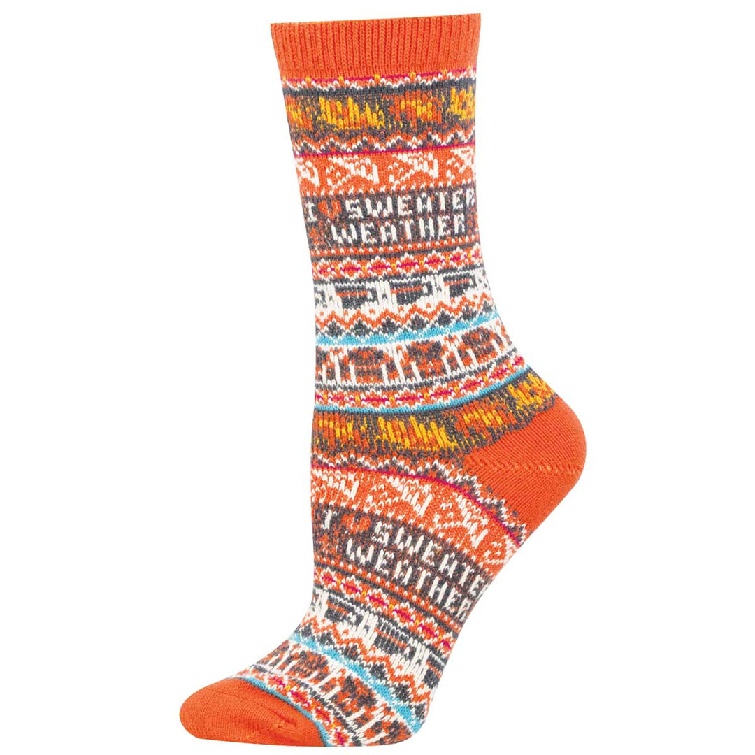 Socksmith I Heart Sweater Weather crew socks in orange fair isle knit pattern