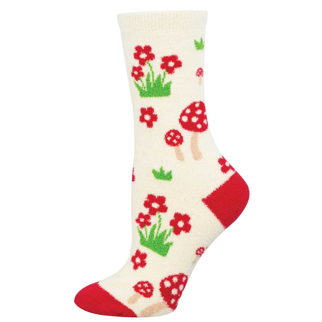 Socksmith Nightcap Snooze Socks in ivory with red mushrooms and flowers pattern