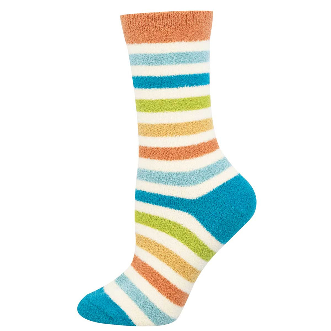 Socksmith Snuggly Stripe crew sock with teal toe, heel, and pastel multicolor stripes
