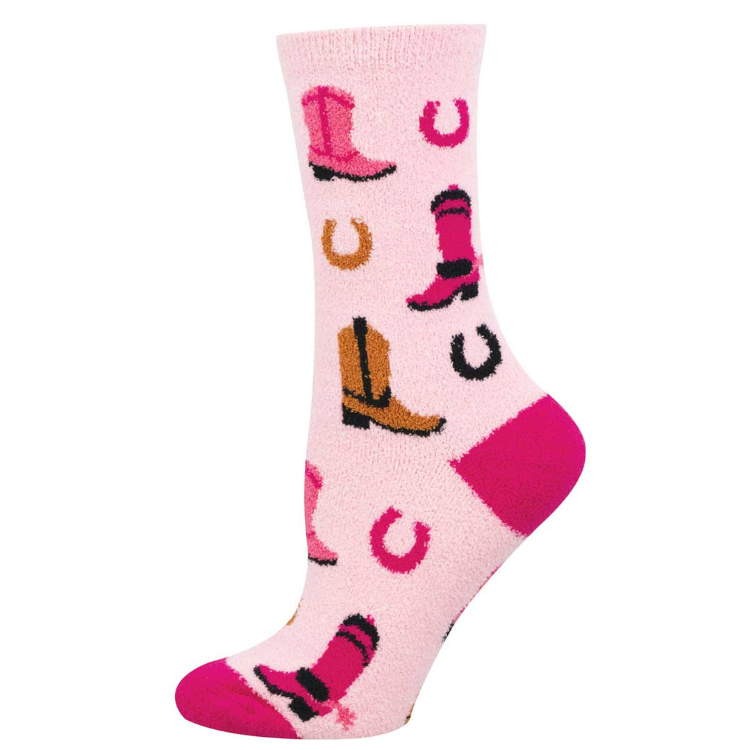 Socksmith Wild West Rest pink crew socks with cowboy boots and horseshoe pattern