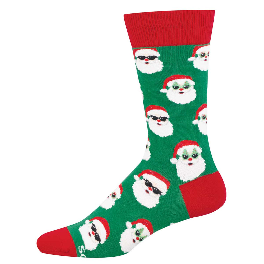Socksmith Santa Shades crew socks in green with Santa faces wearing sunglasses pattern