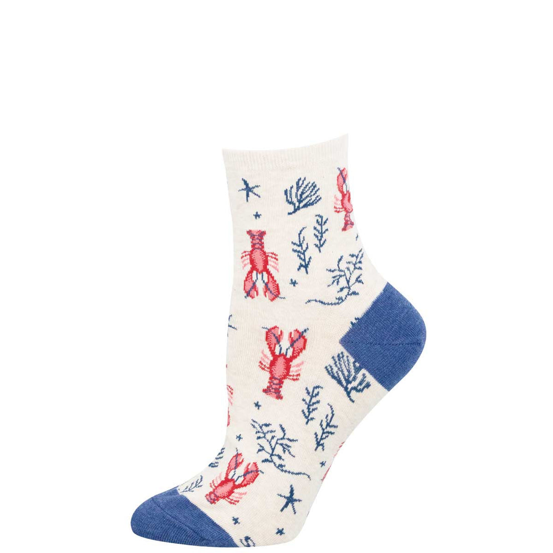 Socksmith Jewels of the Atlantic ankle socks in ivory heather with red lobsters and blue seaweed pattern