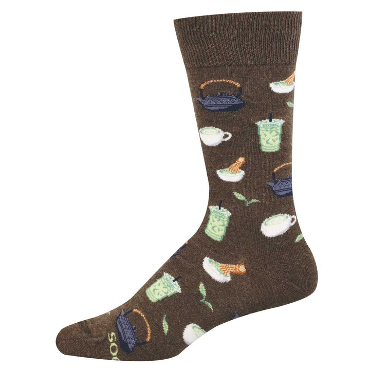 Socksmith Mucho Matcha crew socks in brown heather with tea and matcha drink pattern