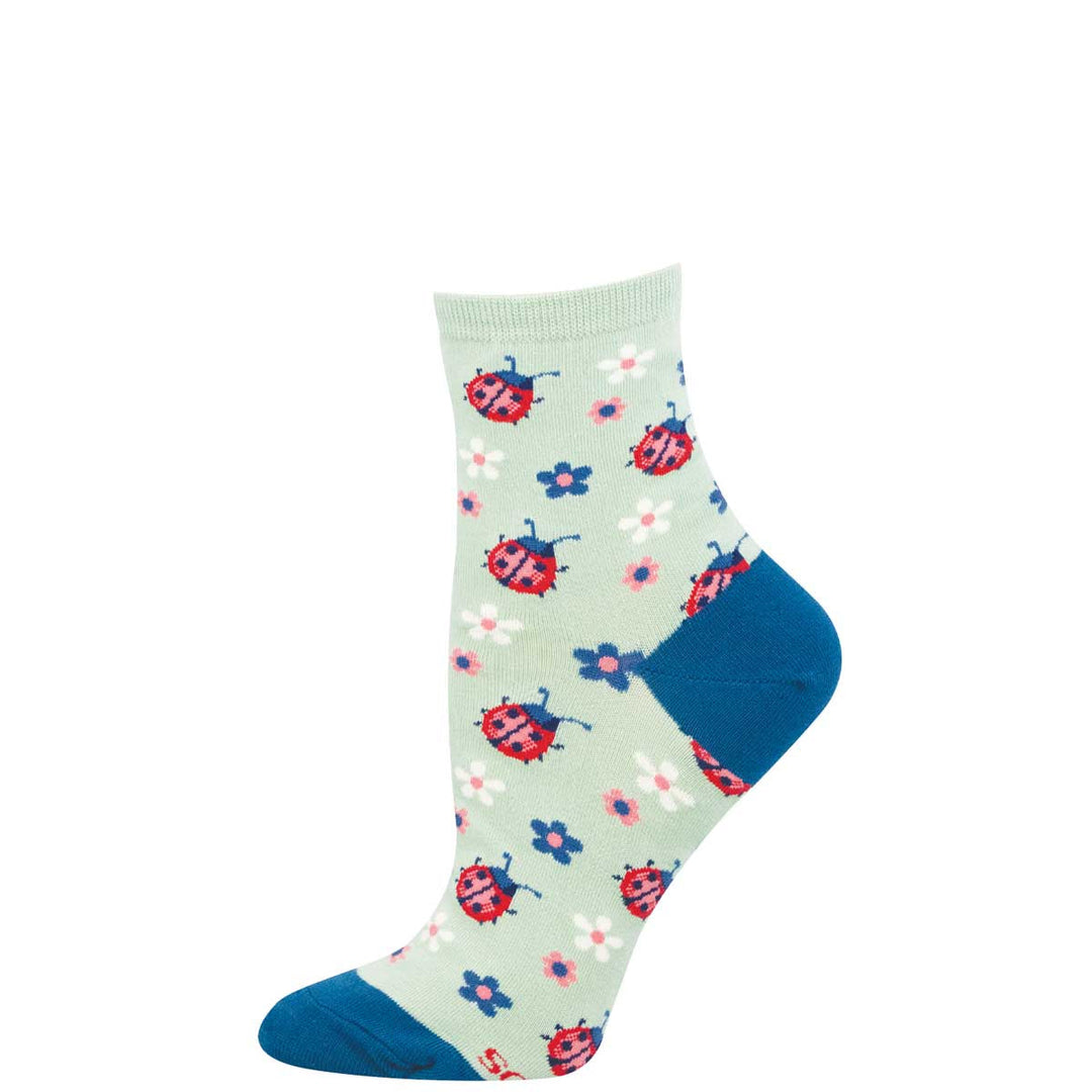 Socksmith Luck Be My Lady ankle socks in mint green with ladybug and floral pattern