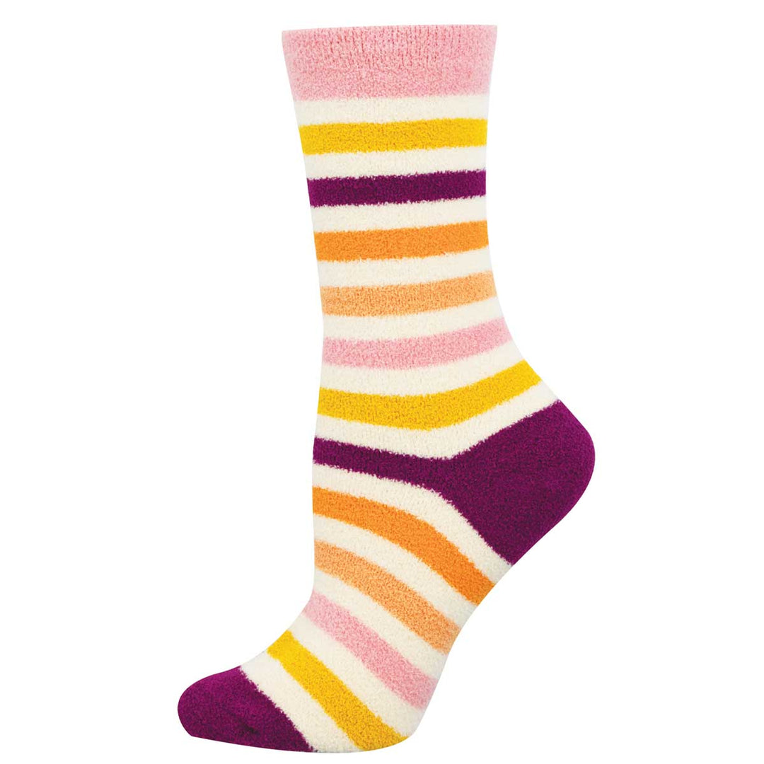Socksmith Snuggly Stripe crew socks with purple accents and multicolor stripes