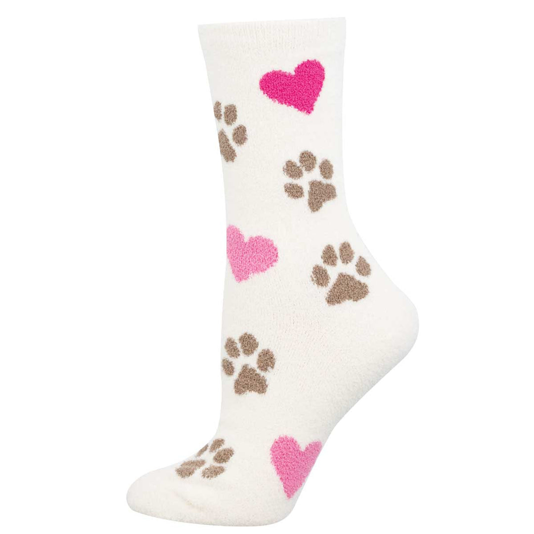 Socksmith Pawjama Party crew socks in white with brown paw prints and pink hearts