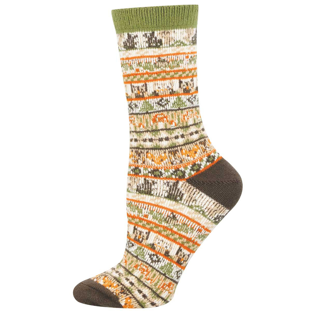 Socksmith Woodland Friends crew sock with Fair Isle pattern featuring forest animals in green and orange