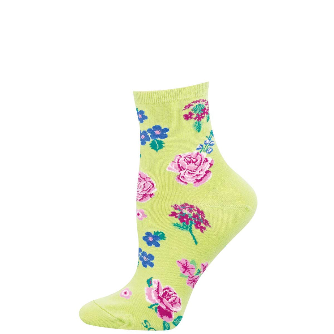 Socksmith Cottage Garden ankle socks in green with pink roses and blue floral pattern