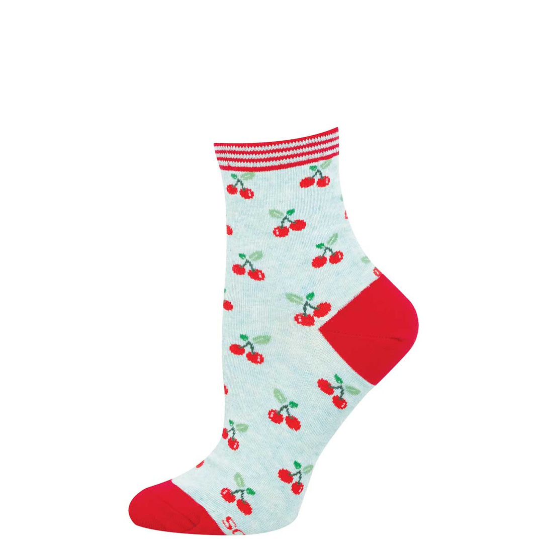 Socksmith Everything Is Cherry ankle socks in blue heather with red cherry pattern and red accents