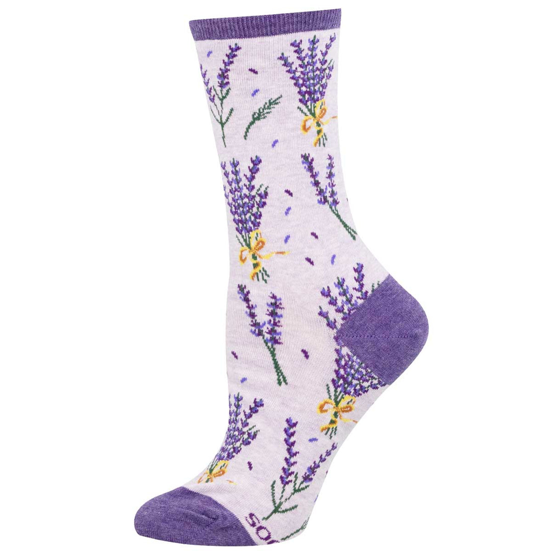 Socksmith Bunches of Lavender crew socks featuring purple lavender bouquets on a light heather background