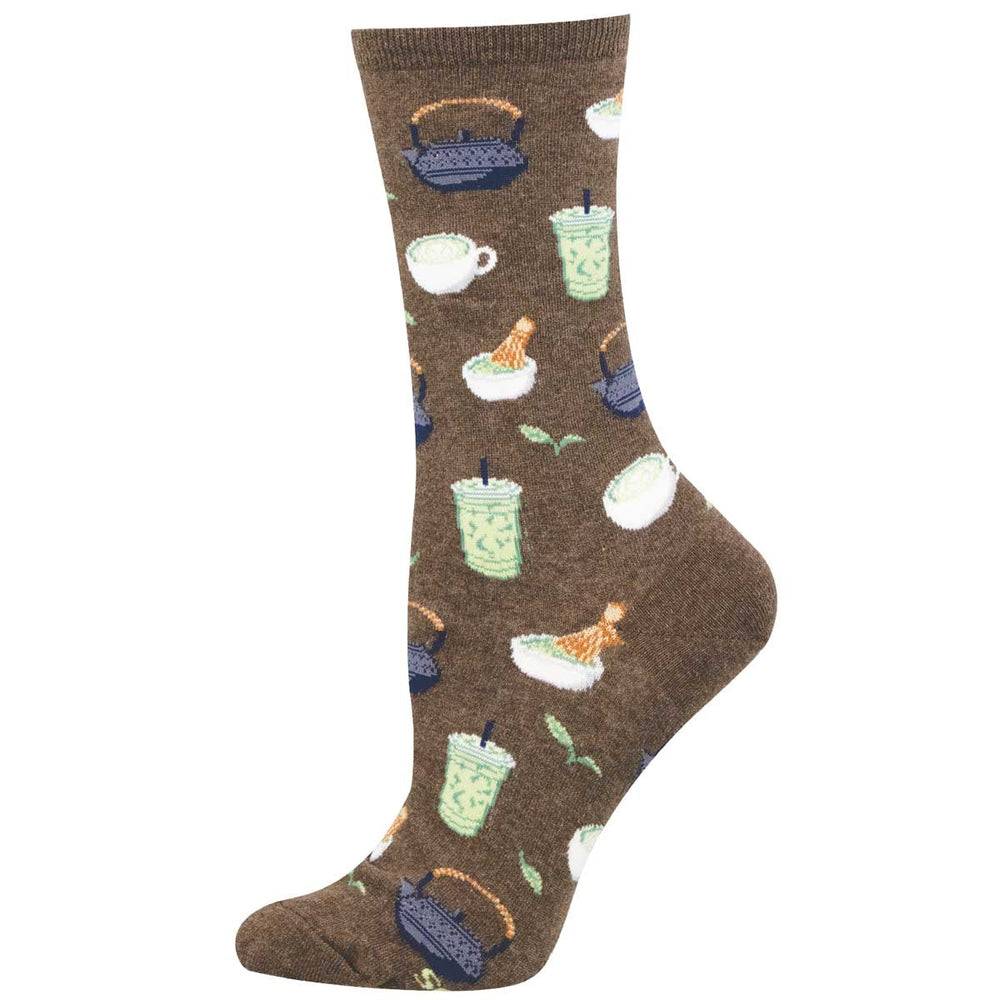 Socksmith Mucho Matcha crew socks in brown heather with tea kettle and matcha drink pattern