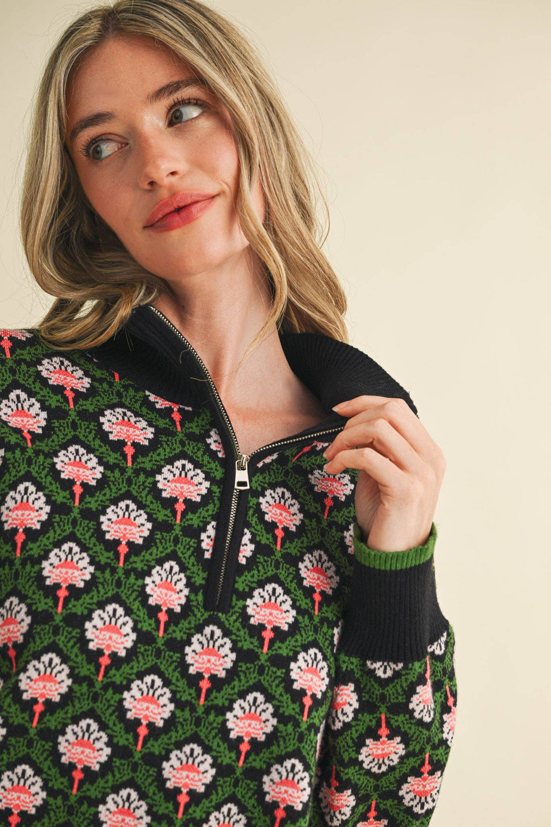 Floral Mock Neck ½ Pullover