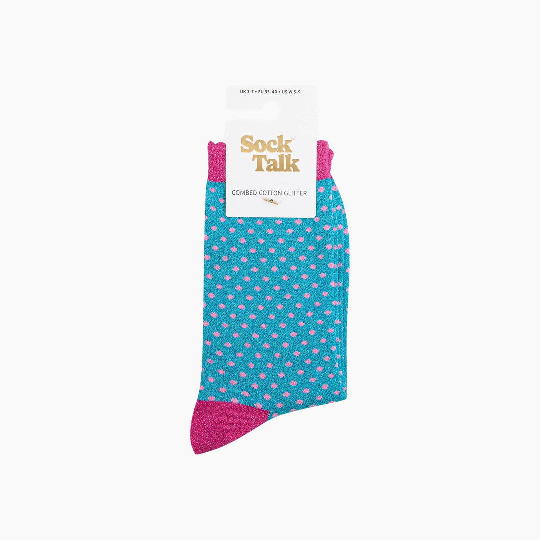 Turquoise glitter crew socks with pink polka dots and hot pink heel and toe