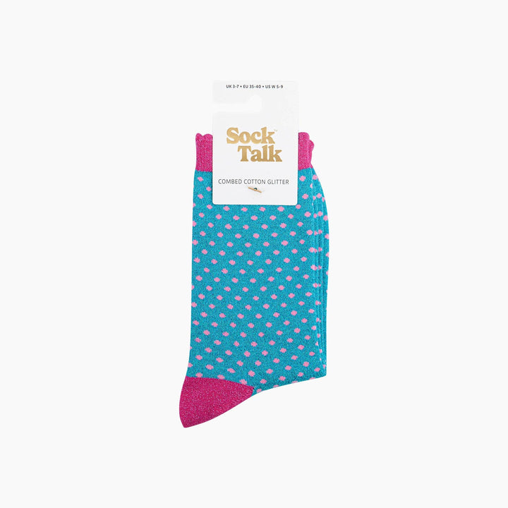 Turquoise glitter crew socks with pink polka dots and hot pink heel and toe