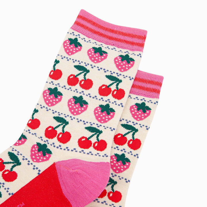 Strawberry Cherry Fair Isle Bamboo Socks in Cream