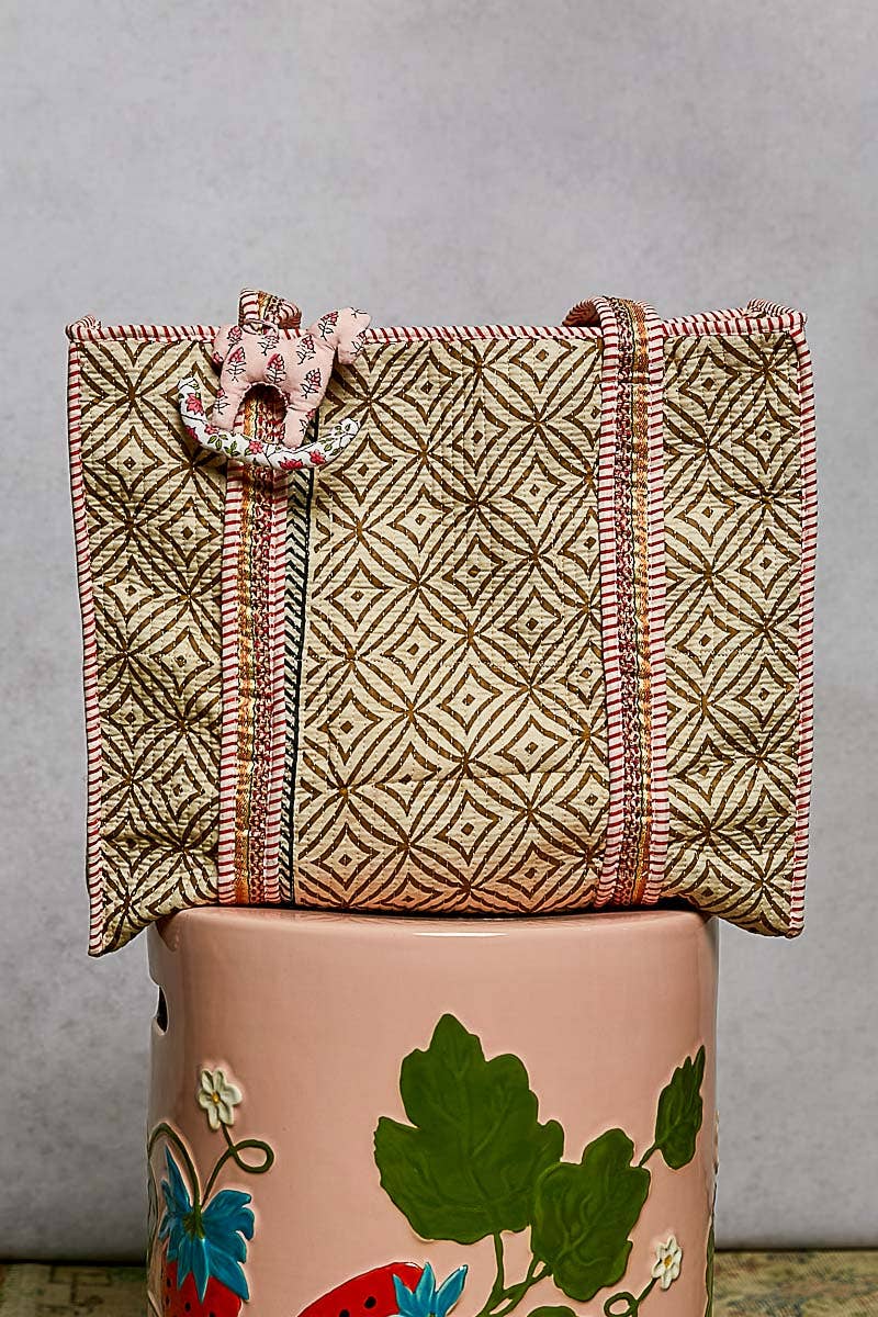 Striped Bias Tape Bohemian Quilted Beige Tote Bag