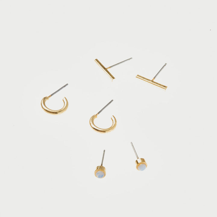 Scout Stud Trio gold earring set with amazonite stones and bar designs