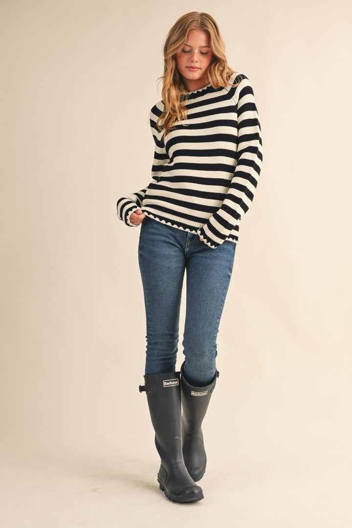 Striped Puff Sleeve Sweater w/ Contrast Stitch