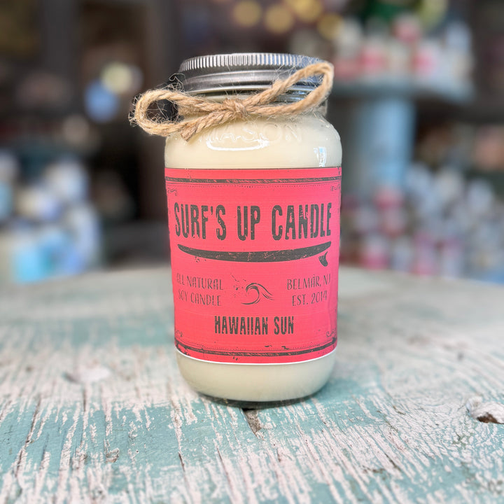 Surf's Up Candle Hawaiian Sun 8oz mason jar soy candle with red label and twine bow