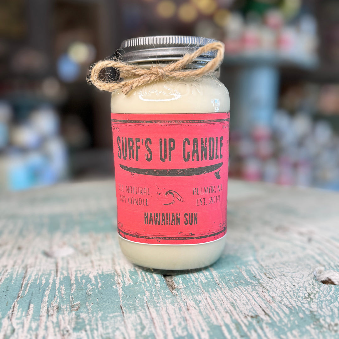 Surf's Up Candle Hawaiian Sun scented soy wax candle in a mason jar with twine bow