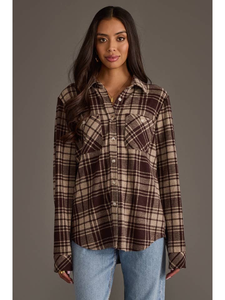 Chocolate Brown &amp; Tan Plaid Button Up