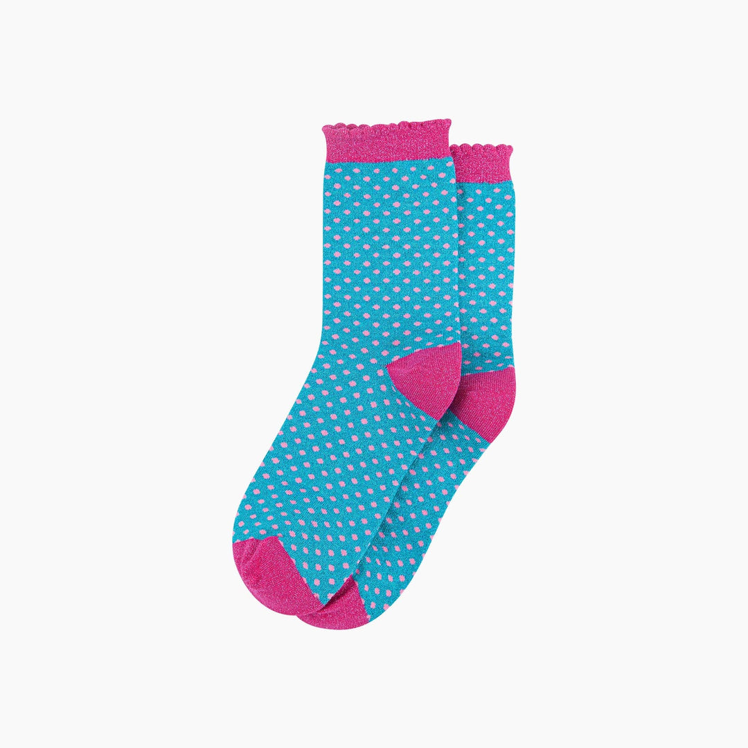 Turquoise glitter ankle socks with pink polka dots, pink heel, toe, and ruffle cuff